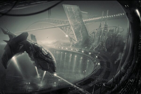 Statek kosmiczny nad mostem w mieście przyszłości