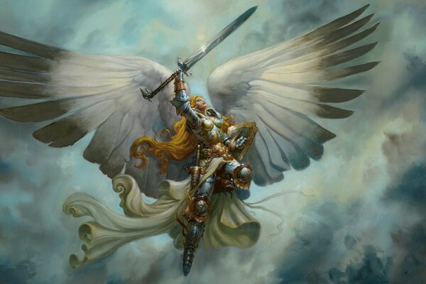Un angelo guerriero con le ali salì al cielo
