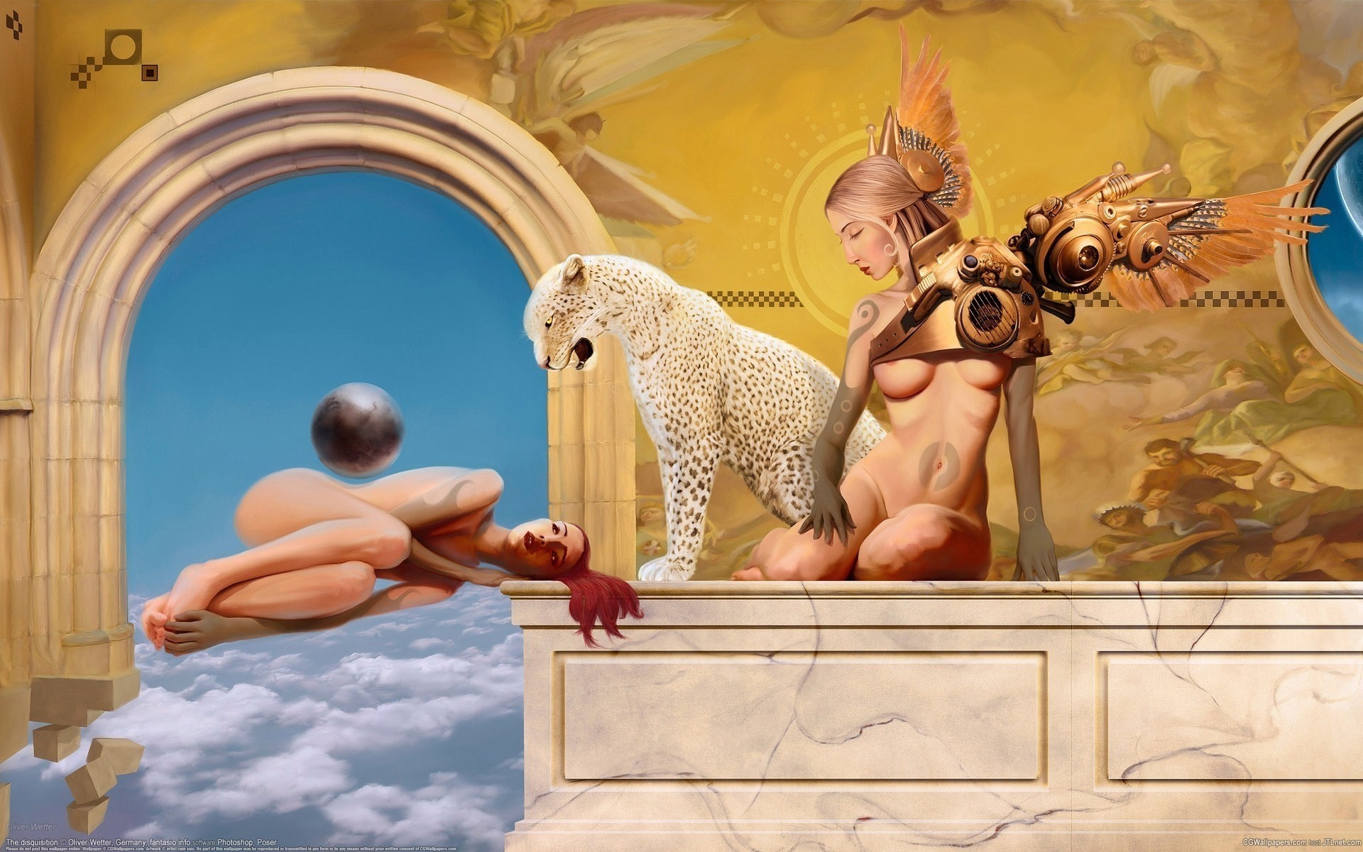 in the sky archer leopard arch girls art wing clouds surrealism planet