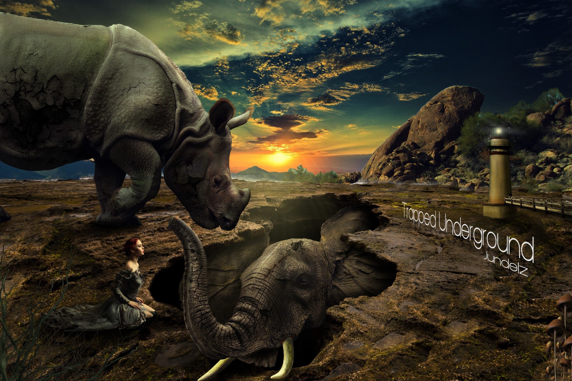 fantasy girl rhinoceros elephant