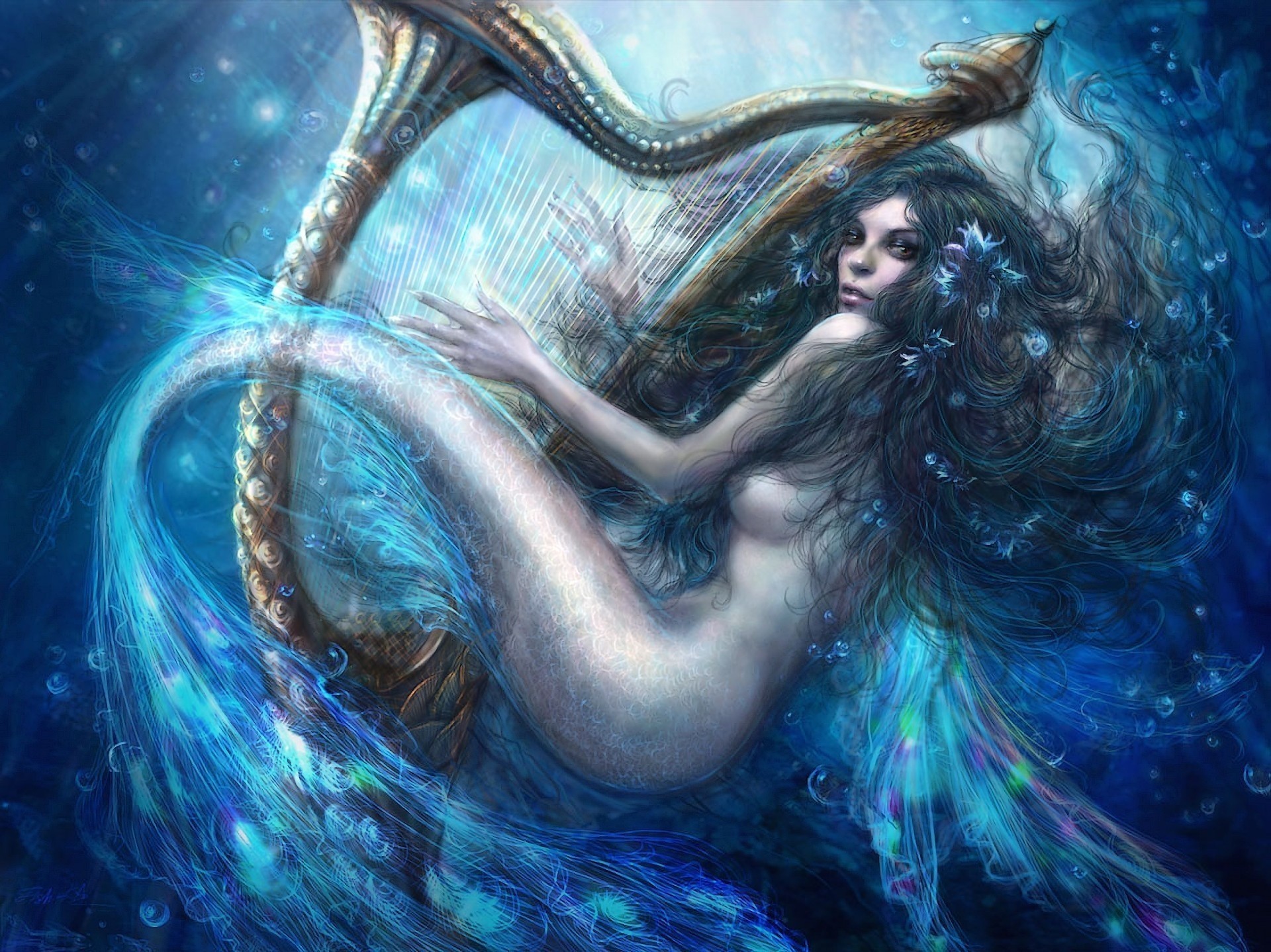 art under water flower harp mermaid musical instruments tail