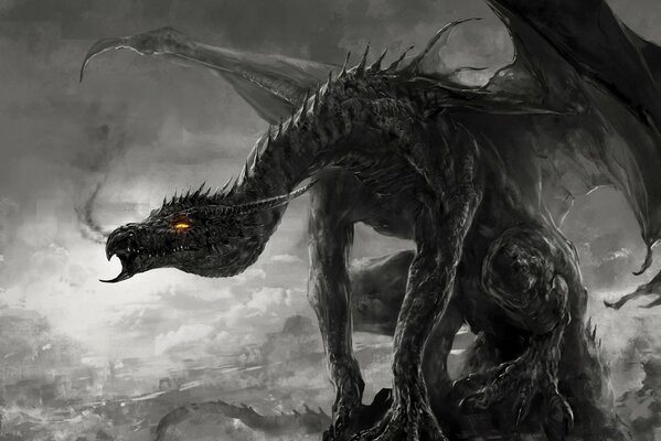 Art noir et blanc dragon effrayant