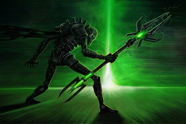 Necron from warhammer 40k. On a green background