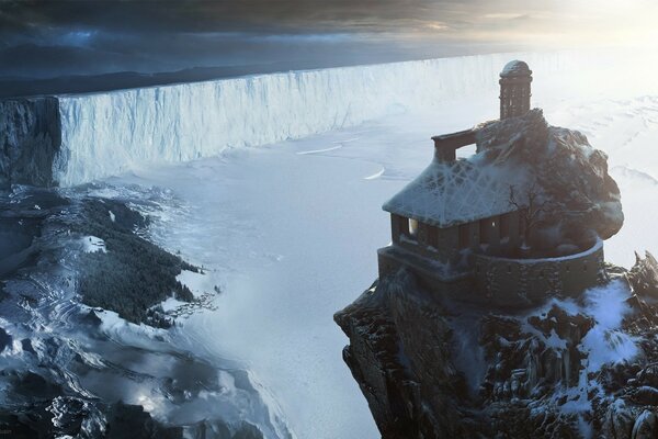 A house in snow-covered rocks art