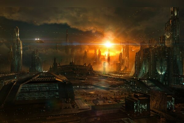 Phoenix rising in a distant fantasy world. gloomy buildings and the city