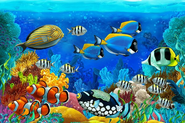 Картина с красивыми рыбами и кораллами