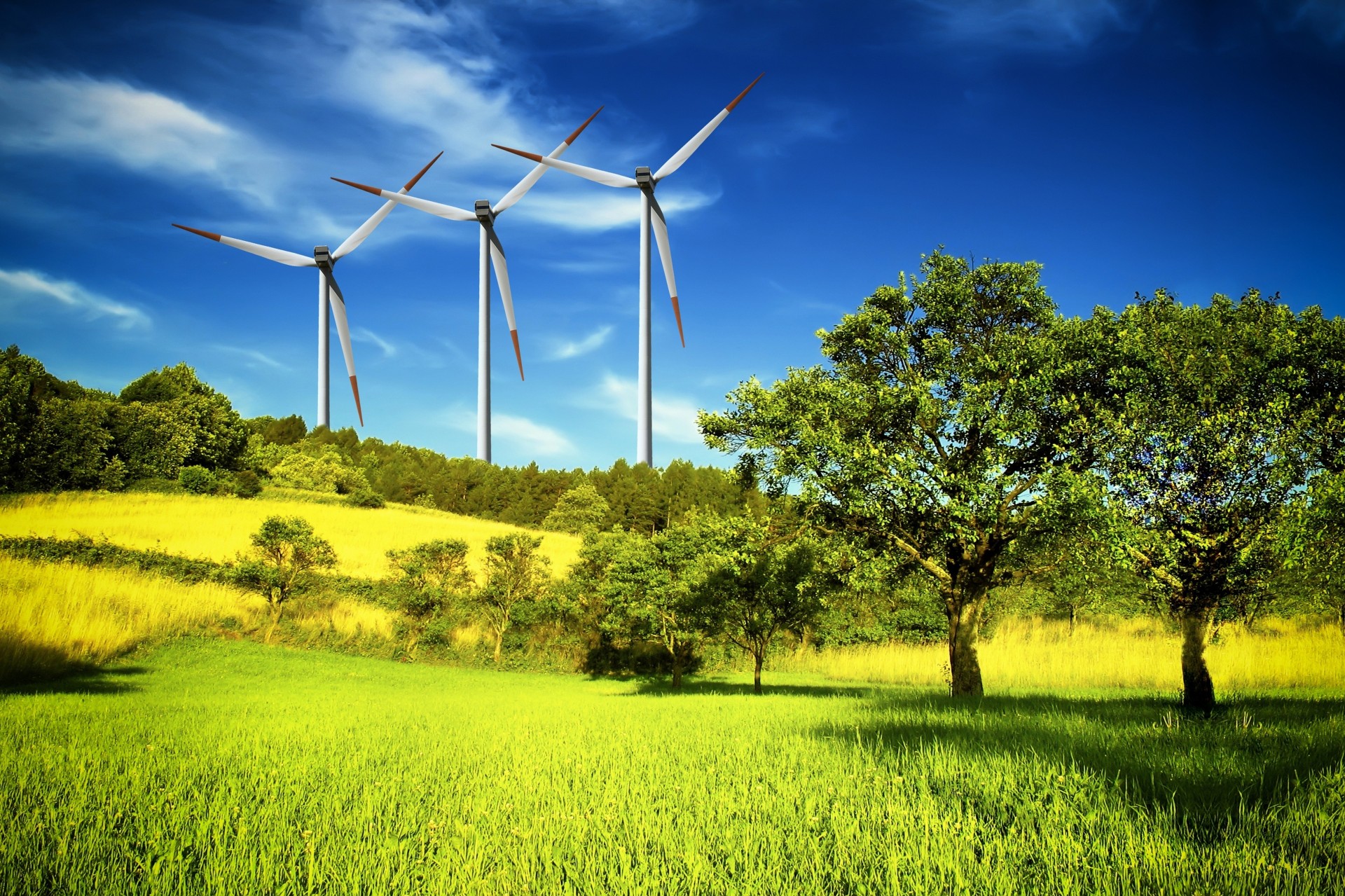 wind turbines clouds tree grass sky meadow