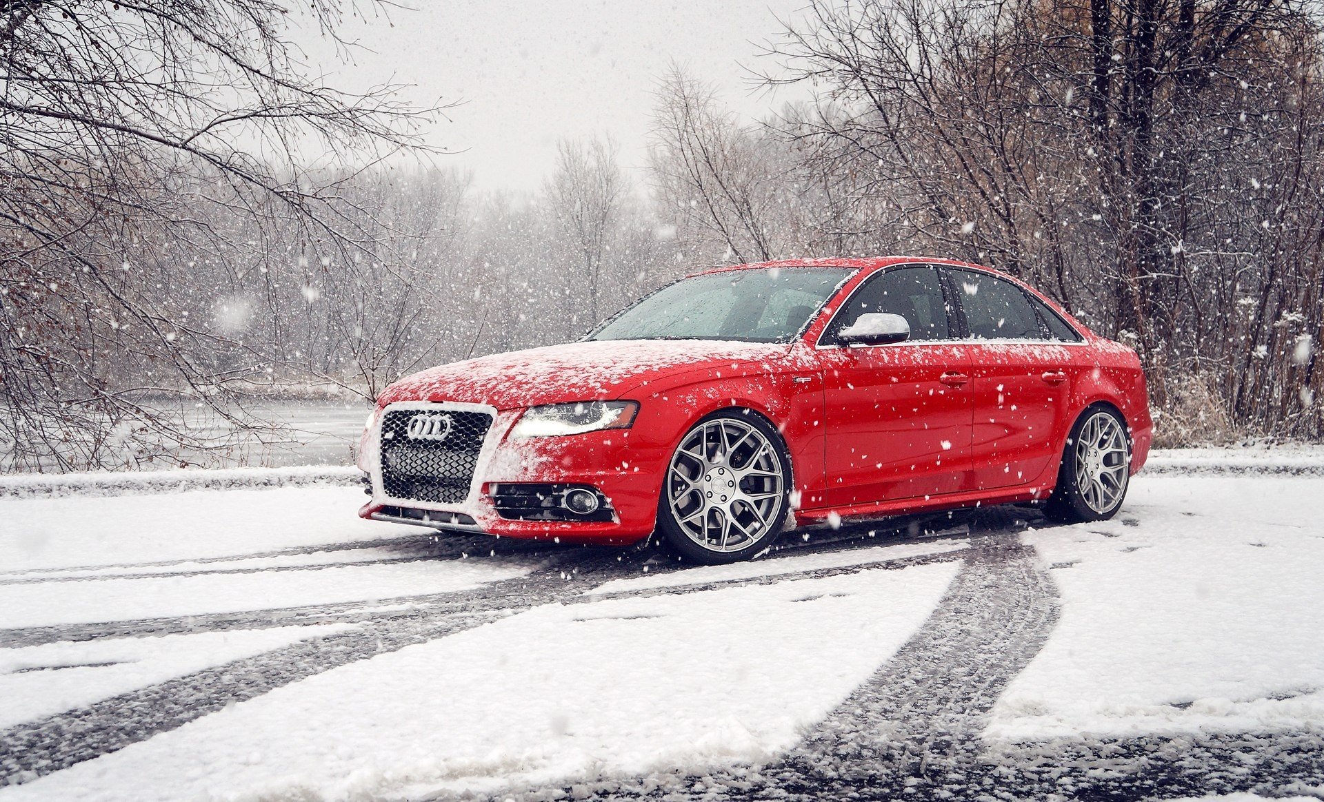 c5 audi audi s5 zima śnieg natura ślady auto czerwony czerwony felgi