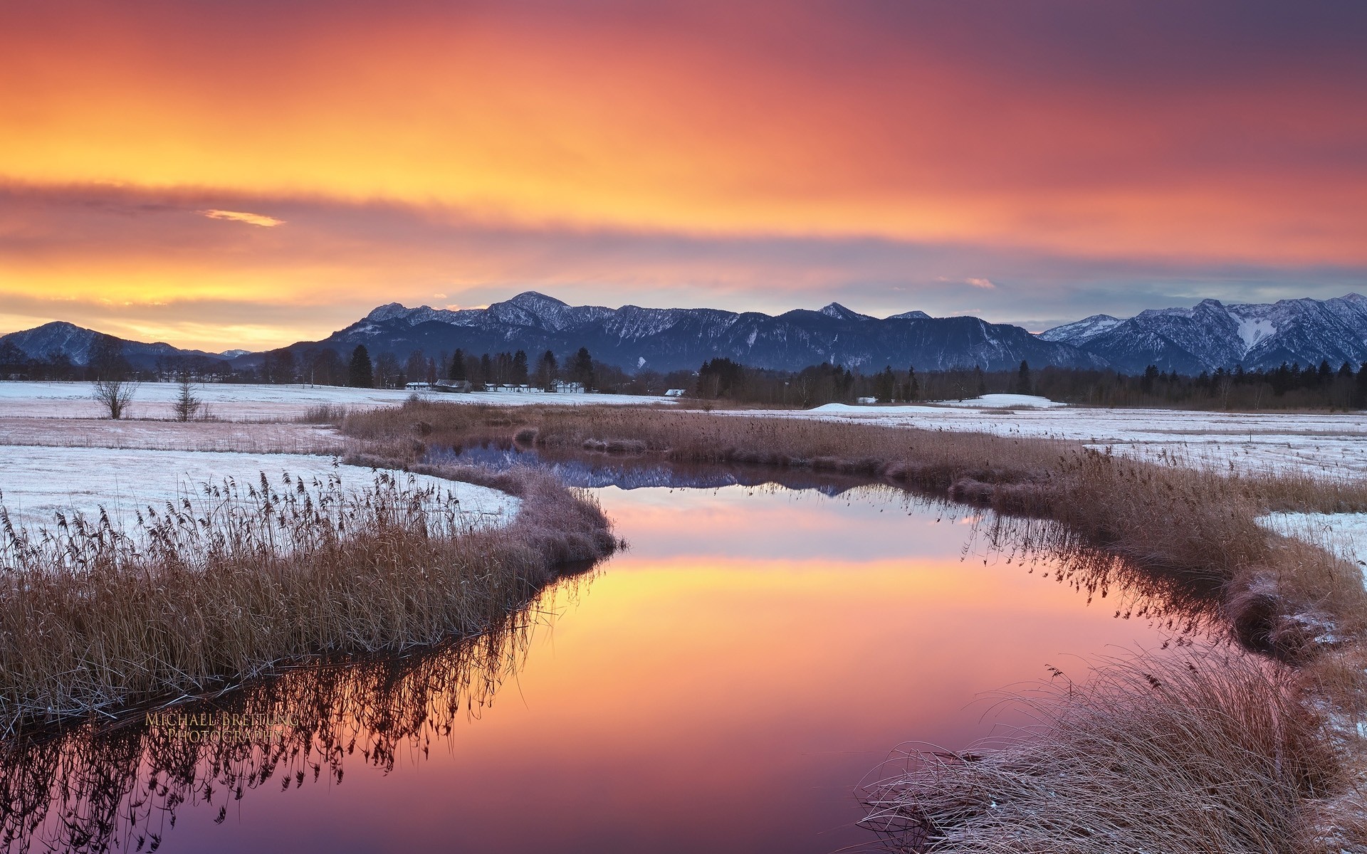 mountain landscape winter river sunset