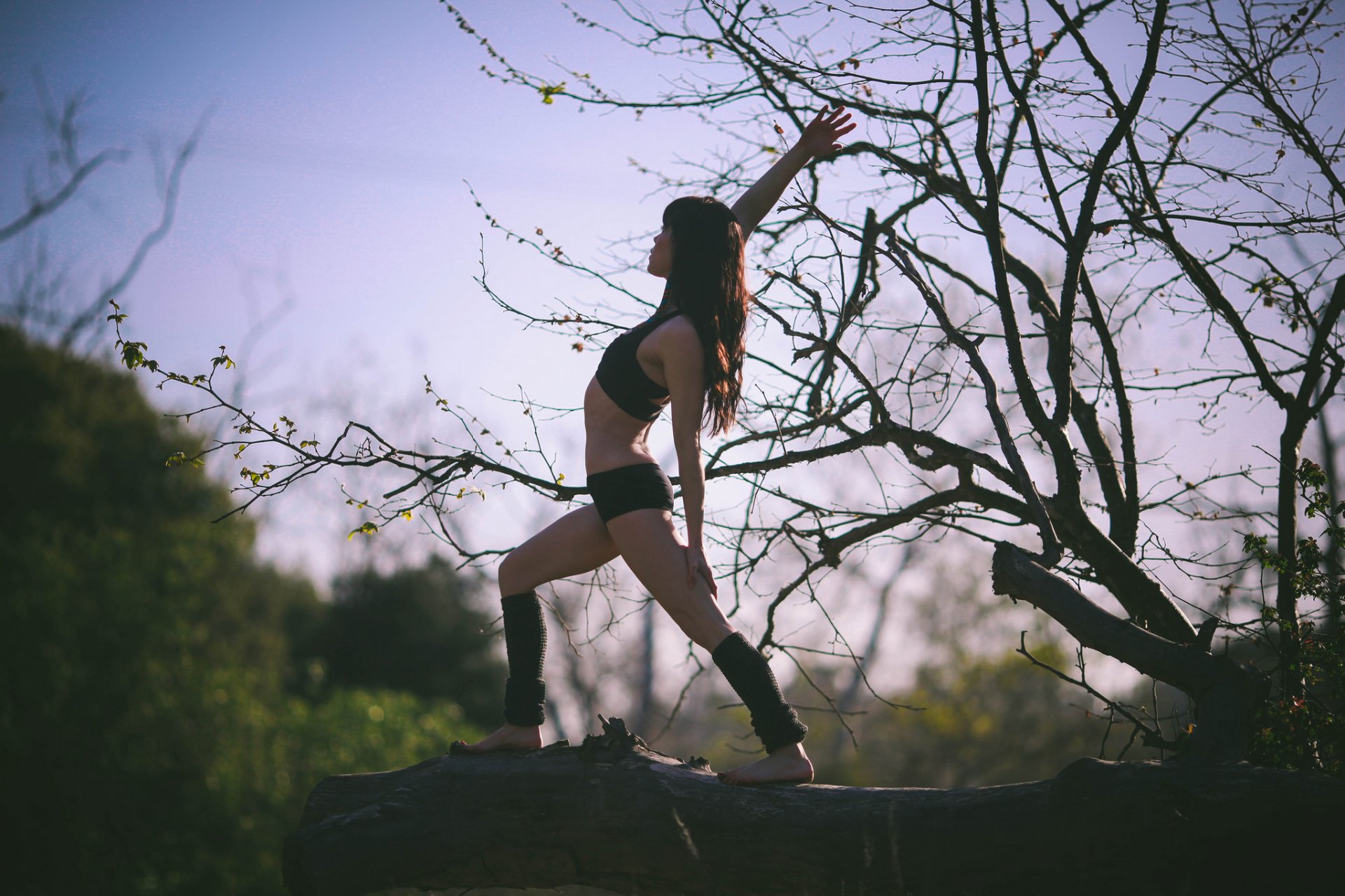 brunette tree stretching