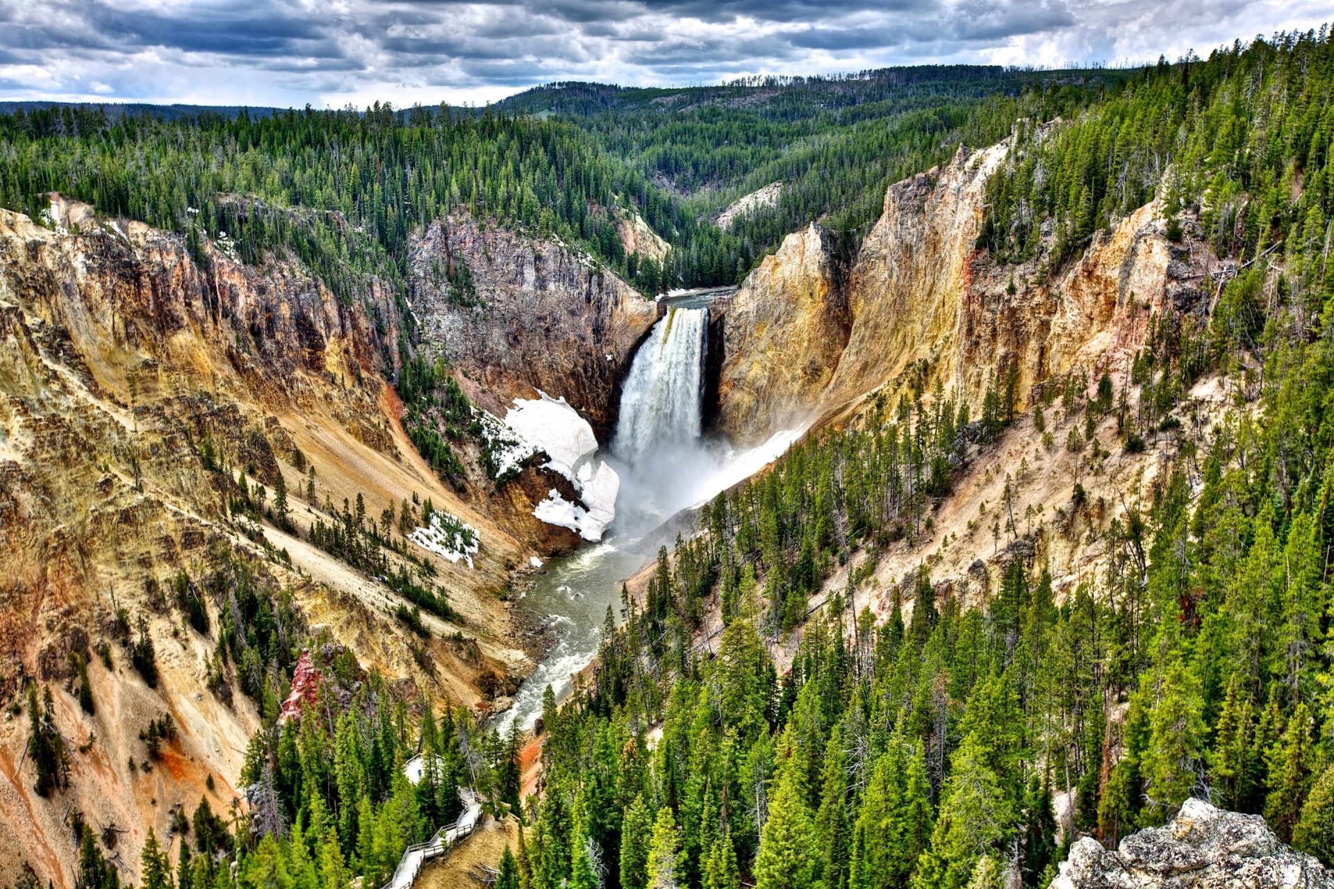 landscape river waterfall yellowstone national park