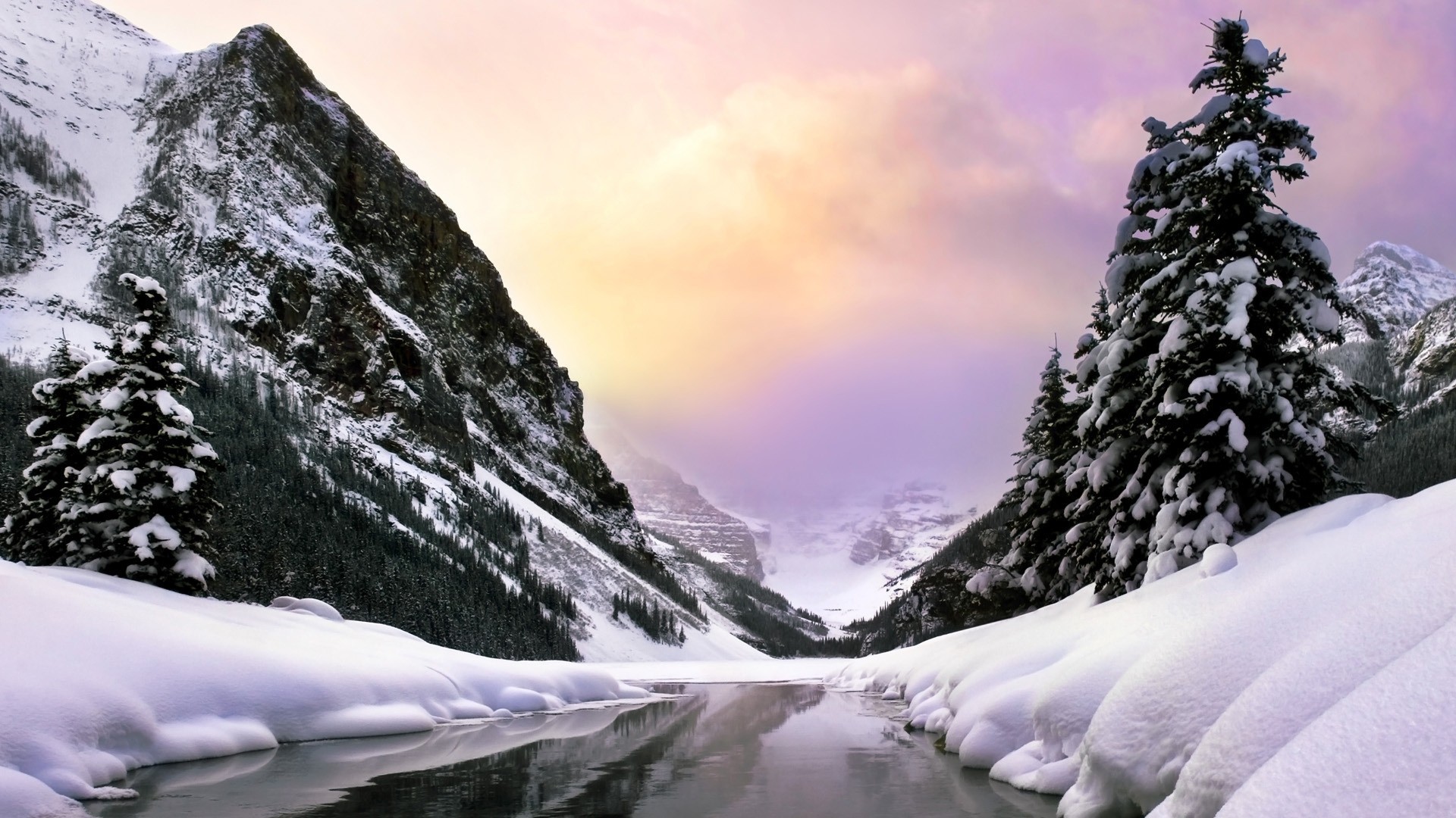 fluss jungtier natur bäume schnee berge winter felsen