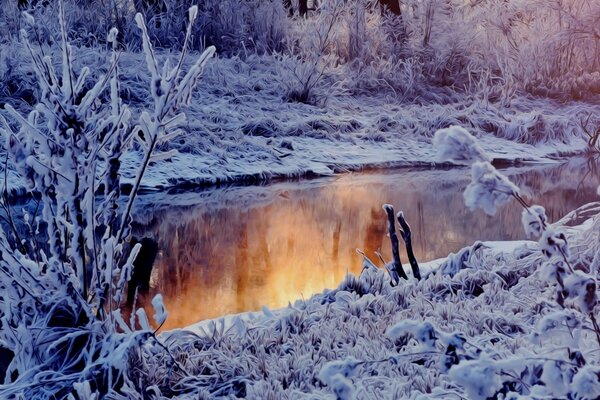 Winterlandschaft und ein frostfreier Fluss