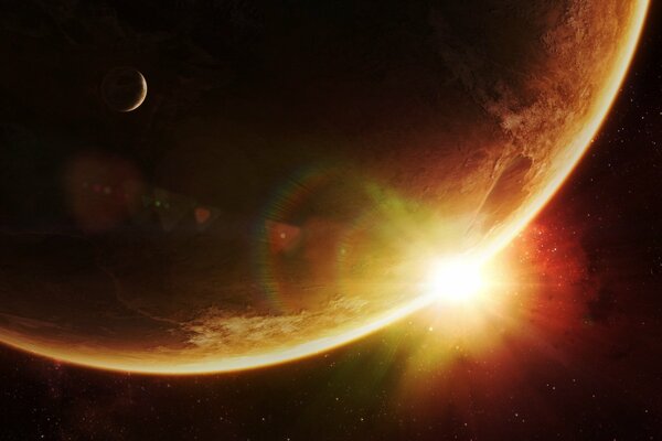 Die Sonne geht hell hinter dem Planeten hervor