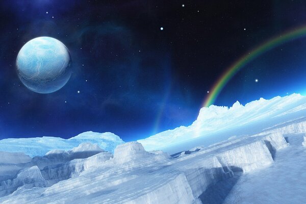 Hielo, planeta arco iris en el cielo con estrellas