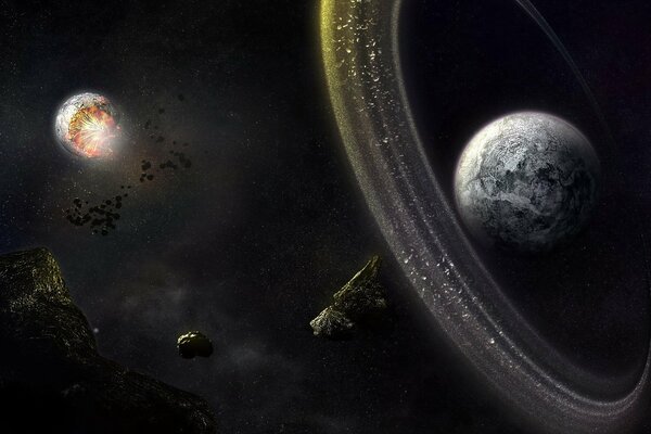 The explosion of a planet in space next to another planet