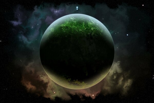 A green planet in the gas clouds of the Universe