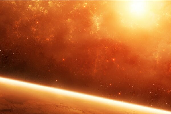 The atmosphere of the red planet from space against the background of the nebula