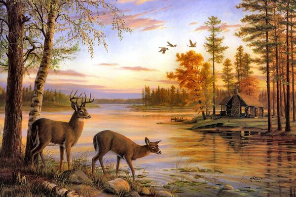 A picture of a house on the river bank with walking deer