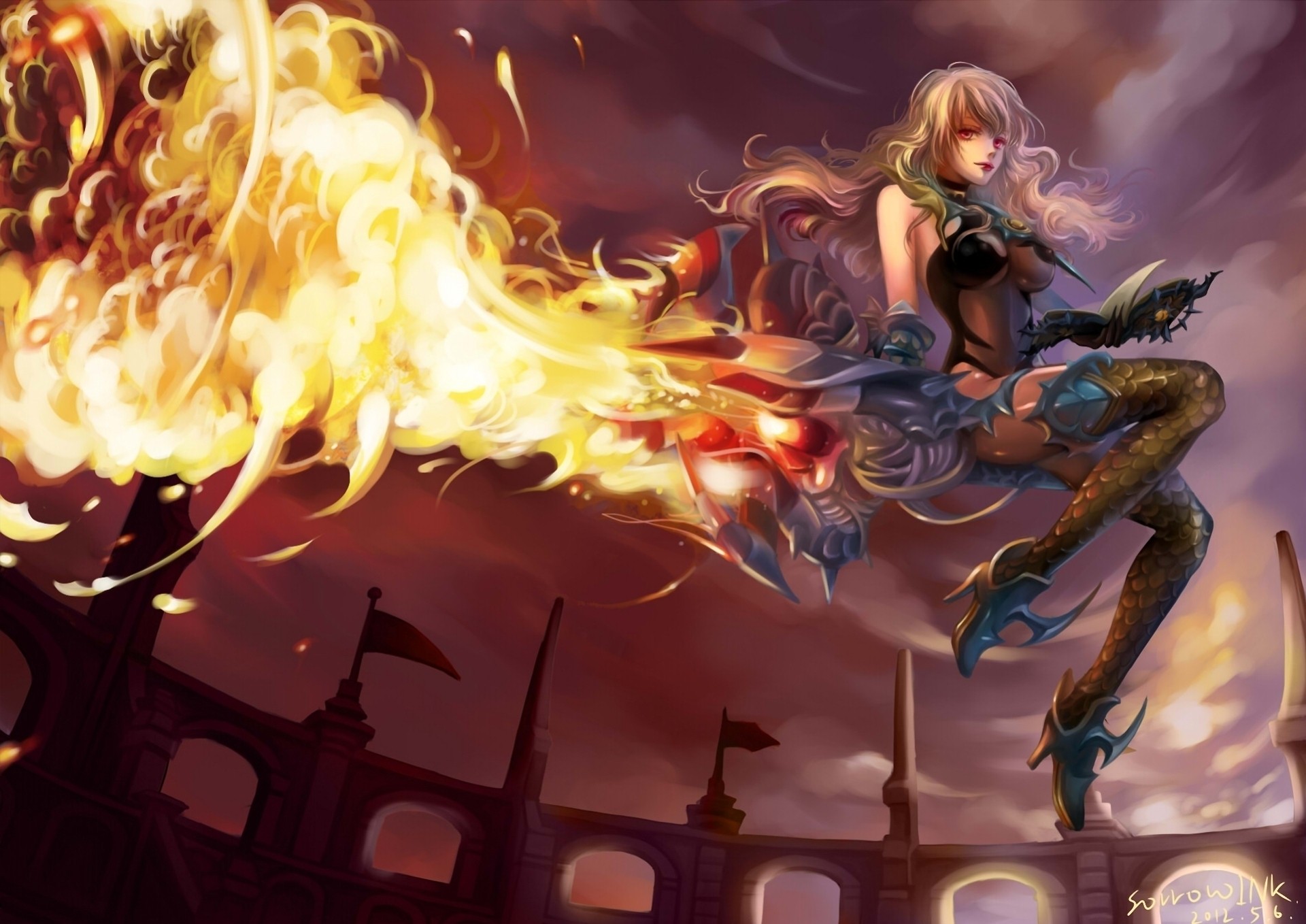 clouds girl lock art fire magic