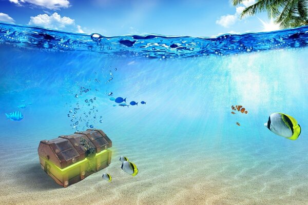 Treasure and fish underwater photoshop