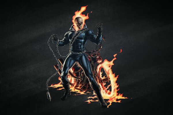 Ghost rider on a dark background with a motorcycle