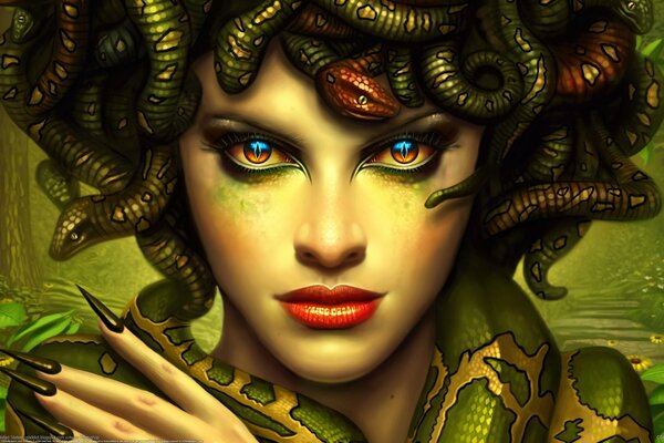 Medusa ragazza con un serpente sul collo