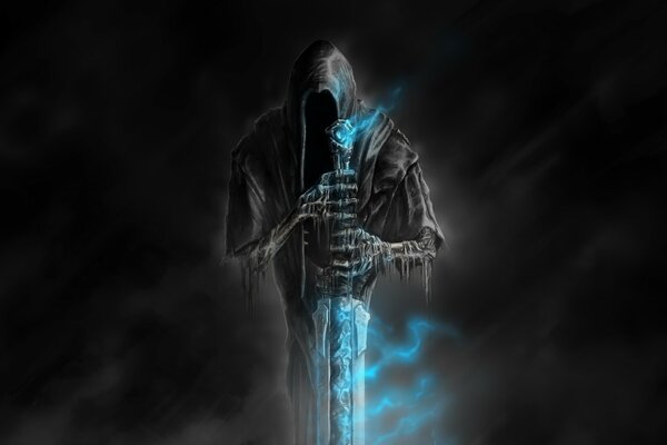 Black background with a drawing of death with a sword in his hands