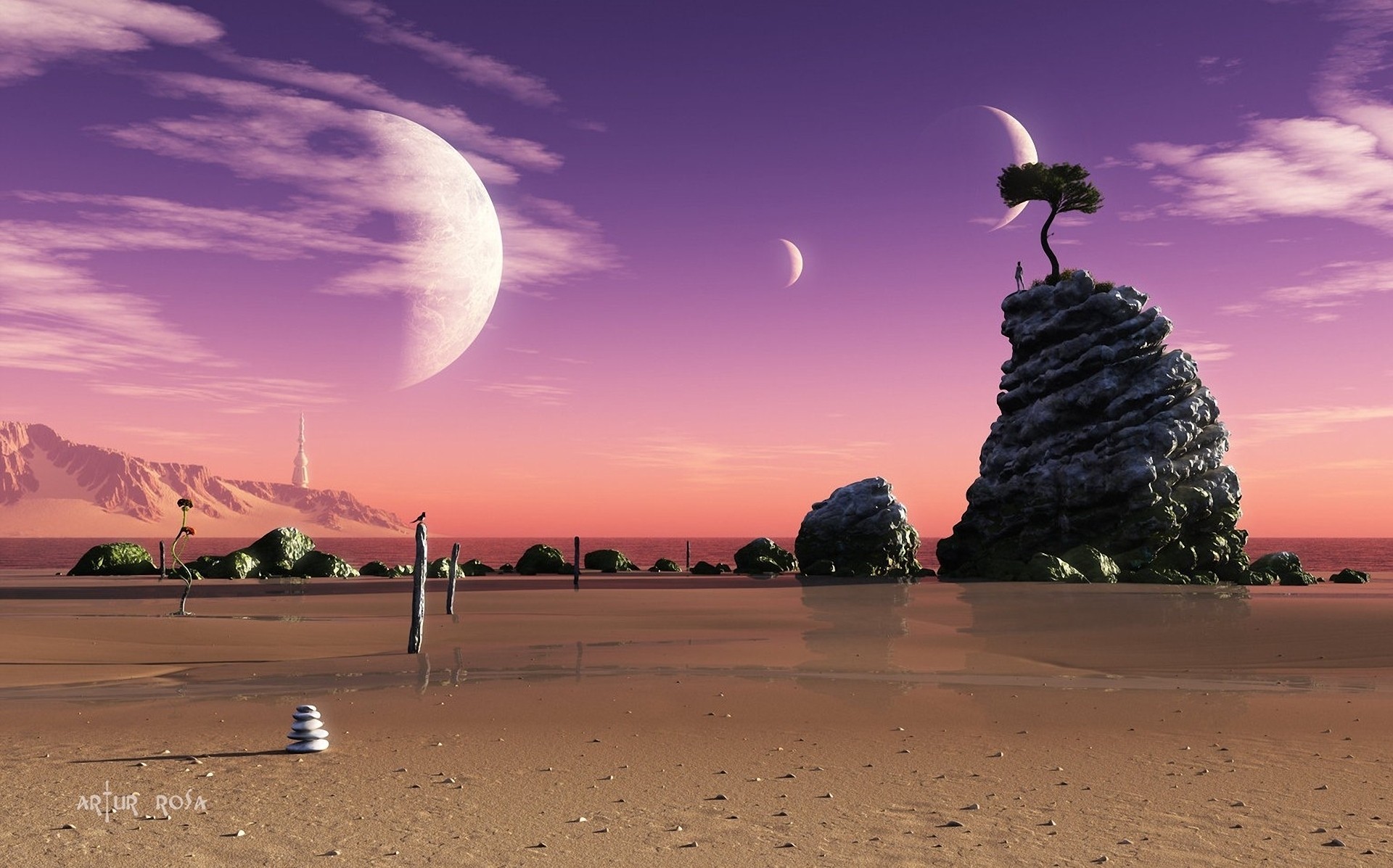 tones planet art landscape views tree pyramid spire water sea tower moe fiction sand rock