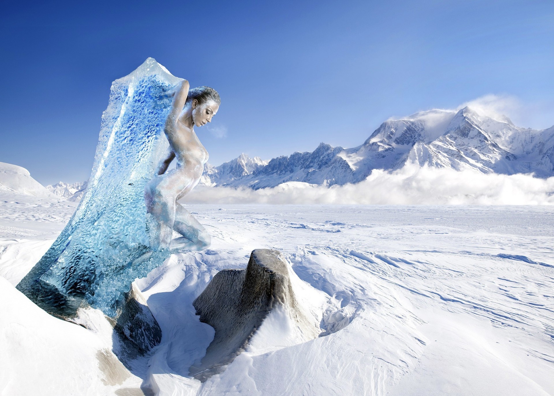 ragazza cielo gelo ghiaccio nuvole neve montagne