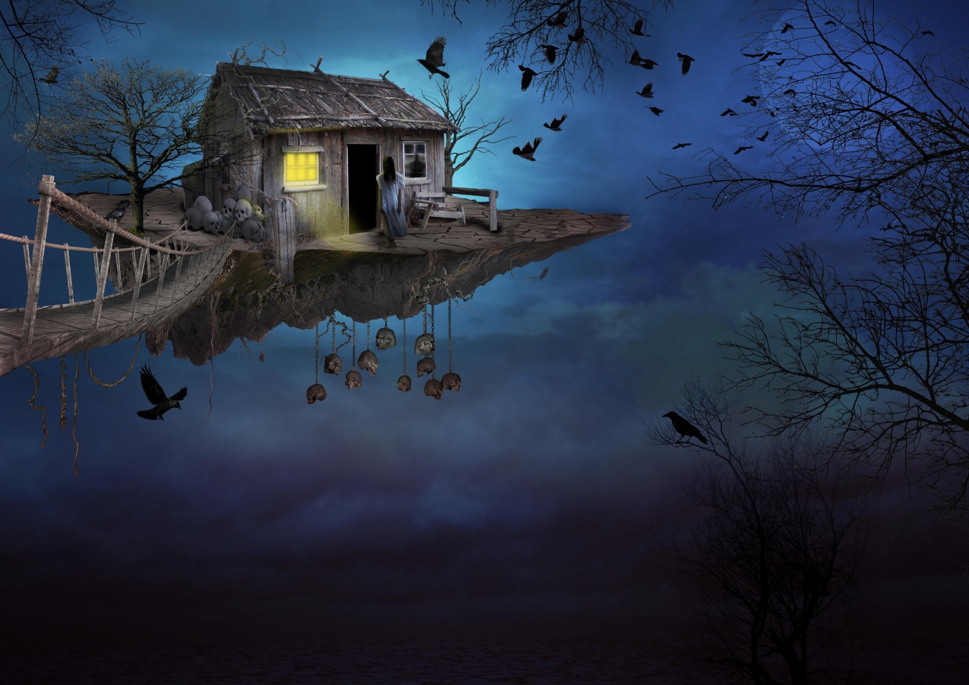 fantasy girl bridge island fantasmogoriya house art sky bird