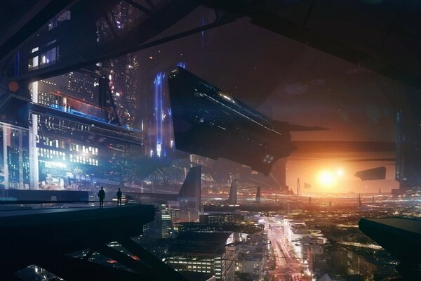 An airship in the city of the future