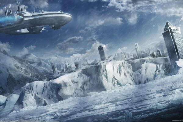 Raumschiff im Winter im Hintergrund der Stadt