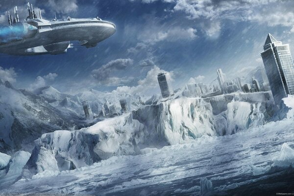 Nave espacial en invierno en el fondo de la ciudad