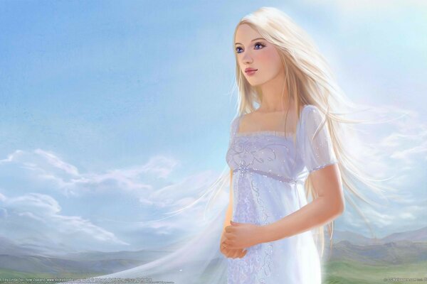 Fille blonde sur fond de nuages