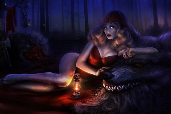 Little Red Riding hood in a swimsuit with a wolf s head