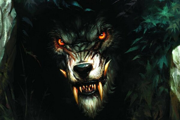 Страшный волк с красными глазами и оскалом