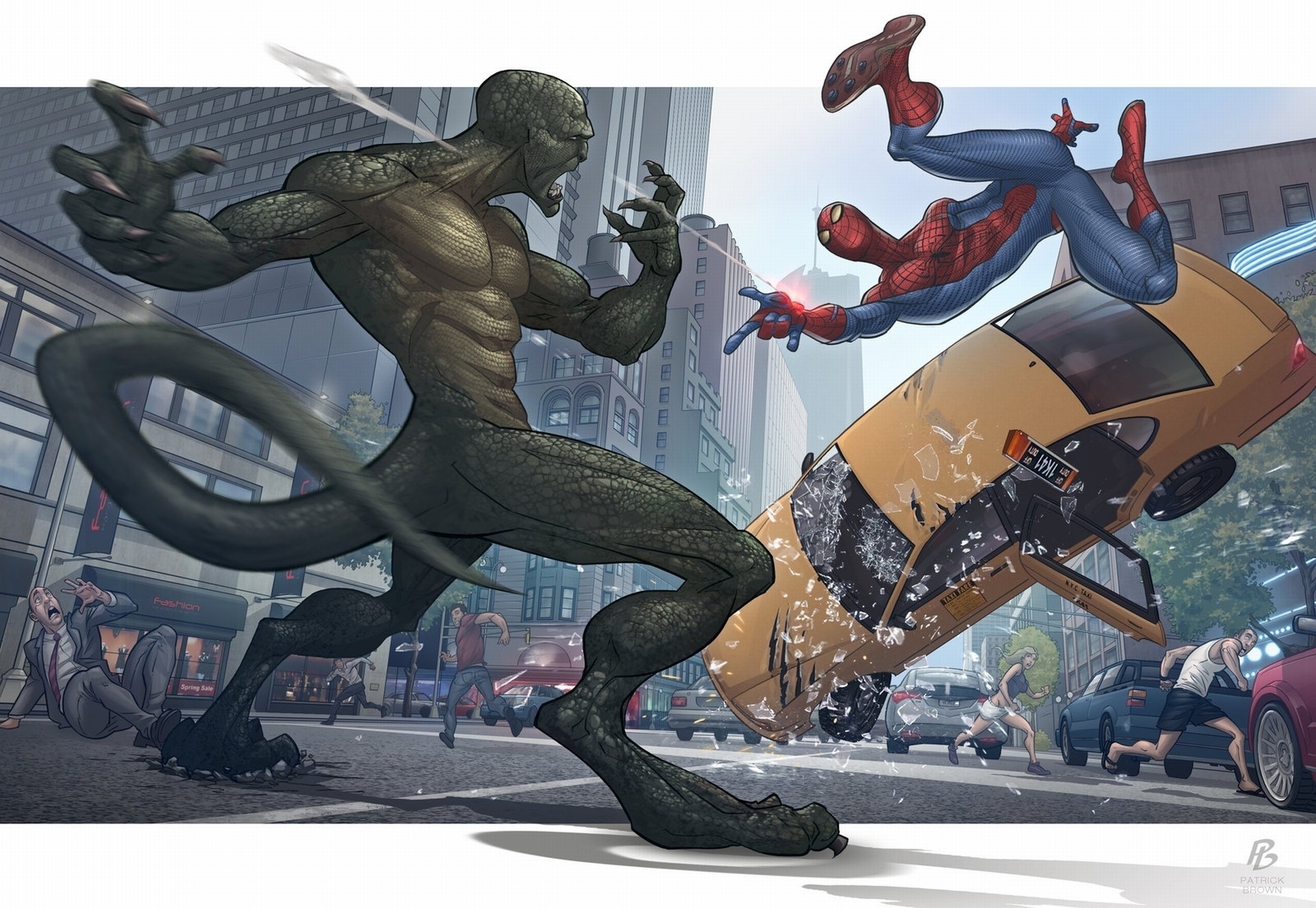 taxi combat ville lézard gens spider-man patrick brown