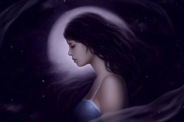 Fille brune sur fond de lune