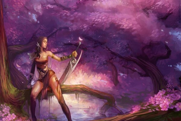 Fille fetesi sur une branche sur fond violet