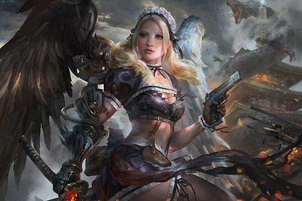 A fighting blonde with black wings and weapons against the backdrop of a crumbling city