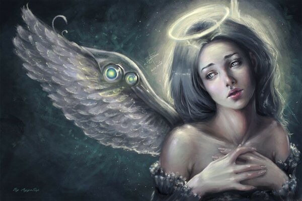 Fantastic Art drawing. A girl with a halo and wings