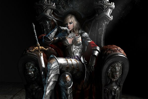 The queen in iron armor sits on the throne