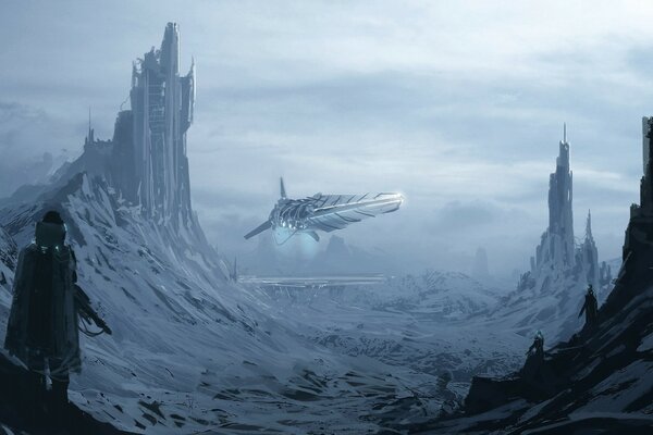 A fantastic ship is flying among snow-covered rocks and towers