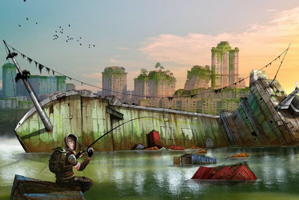 A young fisherman is fishing in the midst of a post-apocalyptic urban landscape