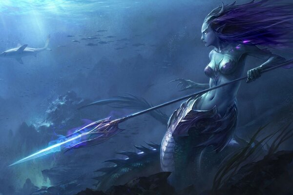 Mermaid warrior with a spear underwater