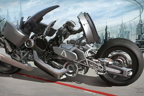 Robot rides a motorcycle against the backdrop of the city of the future
