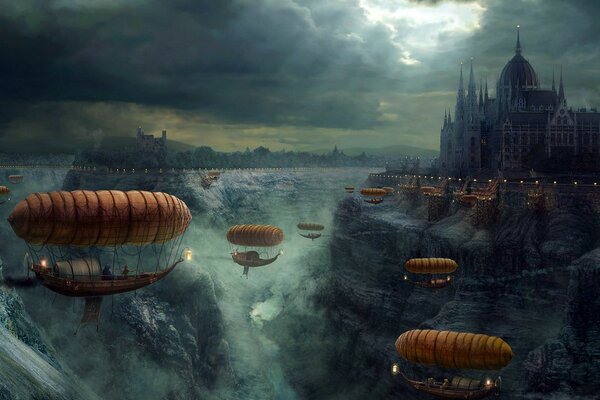 The airships are flying to a fabulous city