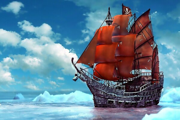 A ship with scarlet sails in icy waters