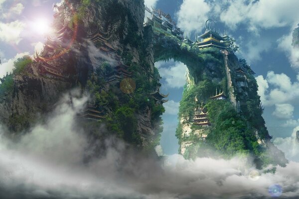 Temple on the island in the sky in the clouds